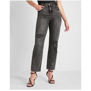 Express Jeans Women's 2 High Rise Straight Ankle Black Vintage Wash Cut Out